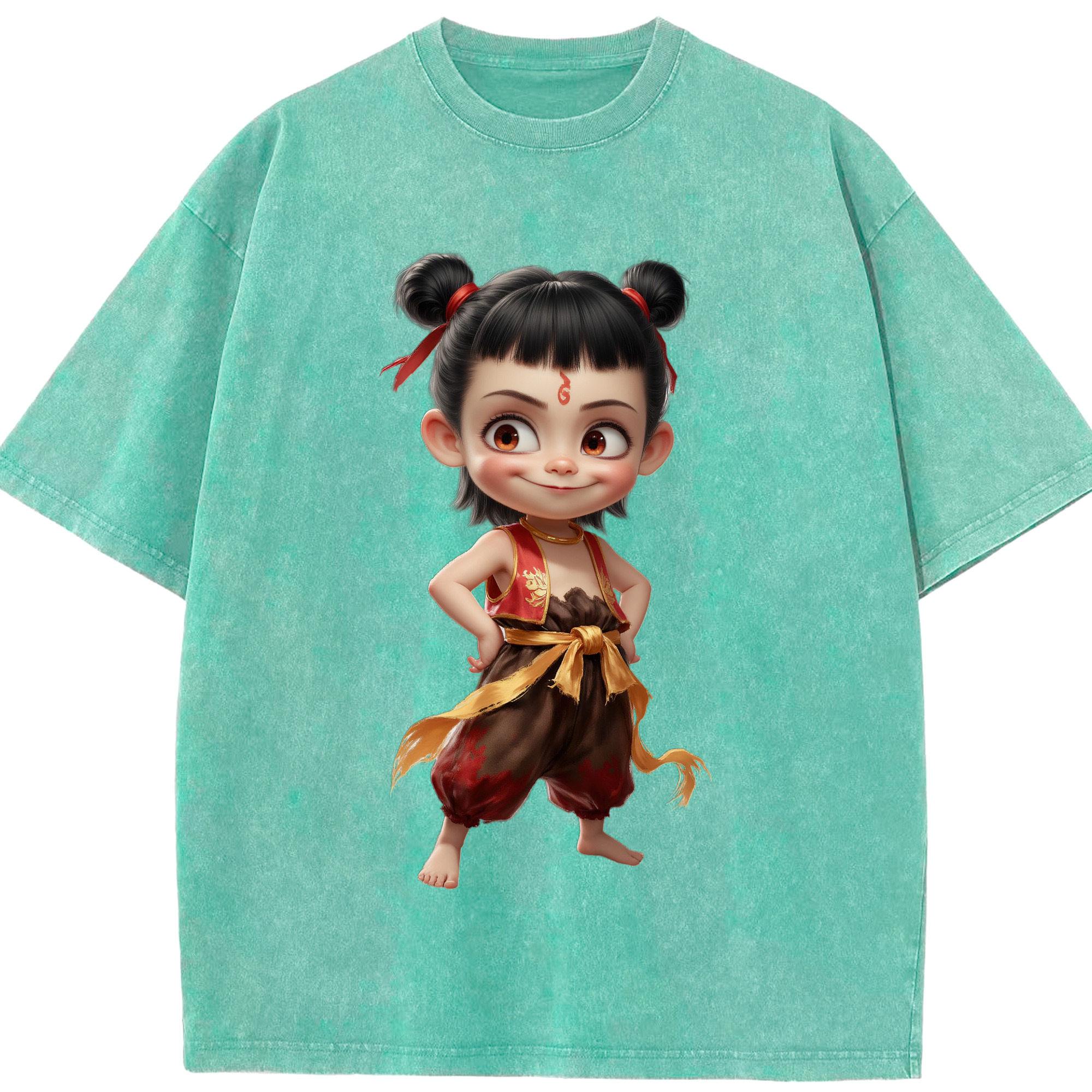 （画像用） Ne Zha 2 ナタ 魔童の大暴れ 綿100% ヴィンテージ風 半袖Tシャツ（フロントプリント）